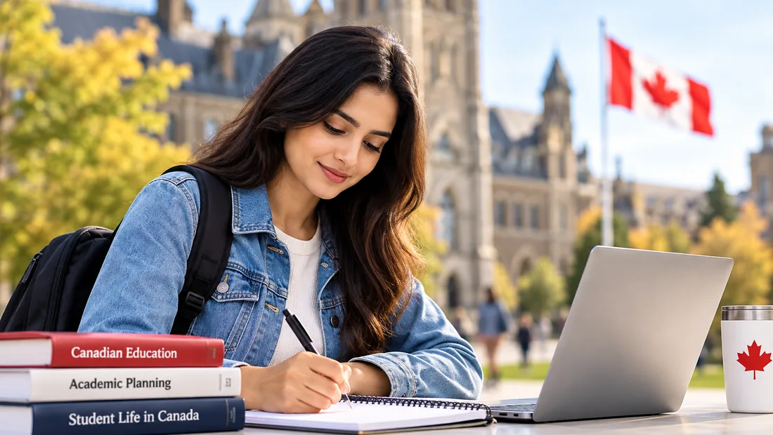 Student studying with a laptop and notebooks in Canada